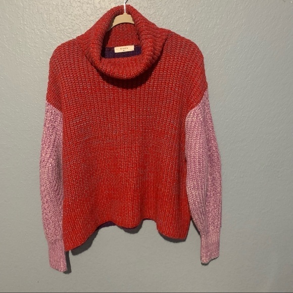 Elodie Tricolor Knit Turtleneck Ballon Sleeves Sweater - Picture 1 of 7